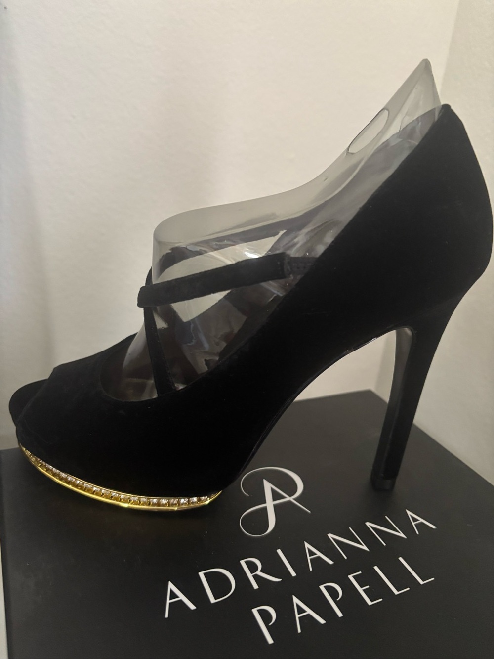 Adrianna Papell Black Suede Peep-Toe Heels with Gold Accent